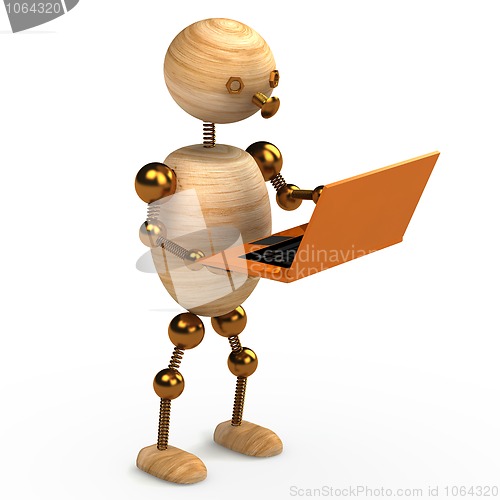 Image of wood man with orange laptop