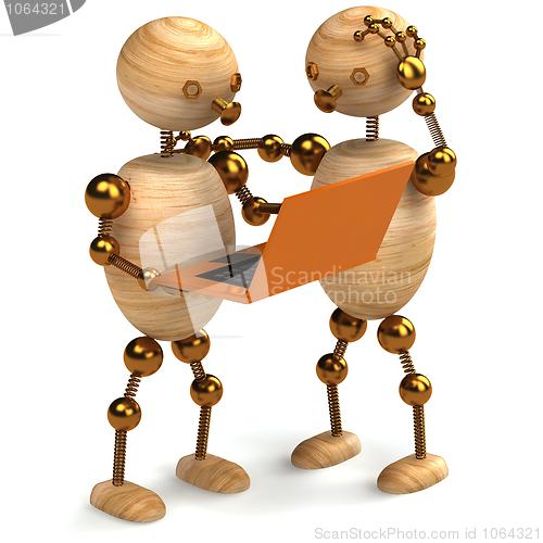 Image of wood man with orange laptop