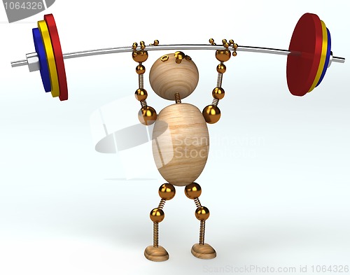 Image of wood man lifting heavy barbell