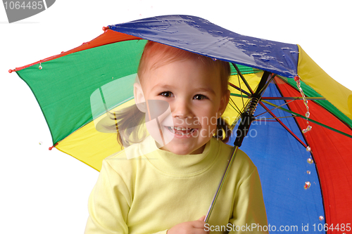 Image of Cute child catching raindrops under umbrella