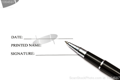 Image of Pen isolated on a blank signature paper 