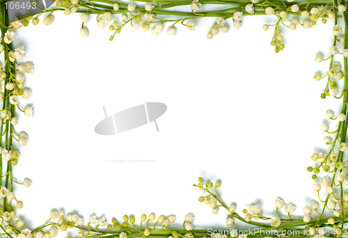 Image of Lily of the valley flowers on paper frame border isolated horizo