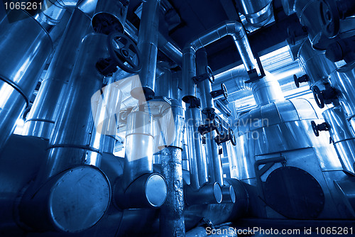 Image of Industrial zone, Steel pipelines in blue tones  