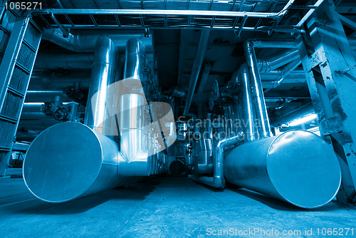 Image of Industrial zone, Steel pipelines in blue tones  