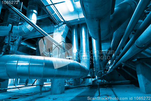 Image of Industrial zone, Steel pipelines in blue tones  