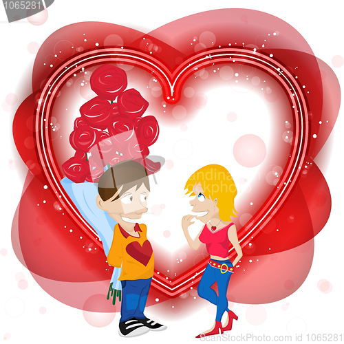 Image of Young Couple in Love with Flowers. Happy Valentine's Day Card.