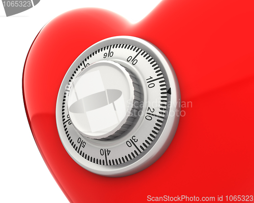Image of Red heart with a numeric safe lock closeup