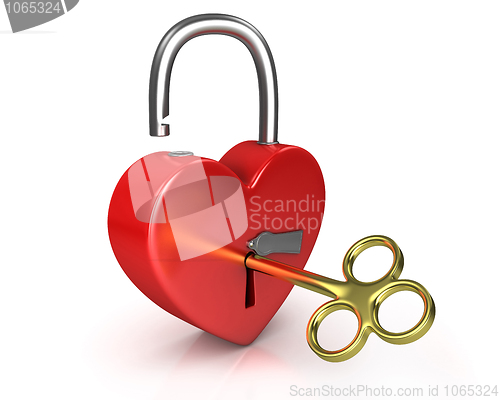 Image of Opened red lock formed as heart with a golden key in a keyhole v