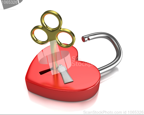 Image of Opened red lock formed as heart with a golden key in a keyhole