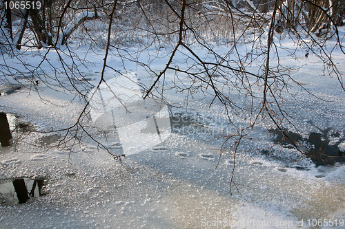 Image of Partly frozen river in december with branches hanging over