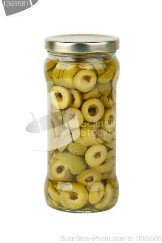 Image of Glass jar with sliced green olives