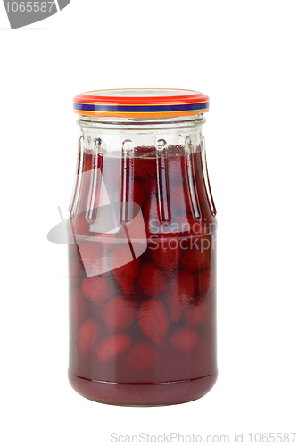 Image of Glass jar with jam maded from cornelian cherries
