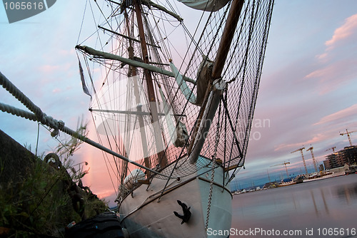 Image of classic sailing yacht moored in Oslo harbor