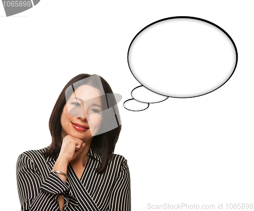 Image of Beautiful Hispanic Woman and Blank Thought Bubbles Isolated on W