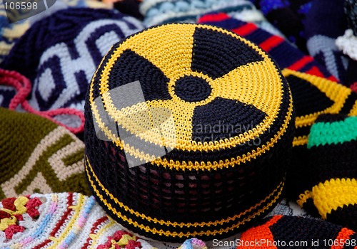 Image of Nuclear radiation hazard sign on knitted hat