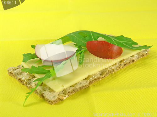 Image of crispy bread with rucola and radish