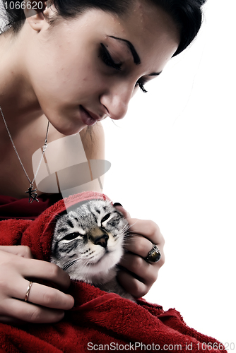 Image of pretty woman with cat  