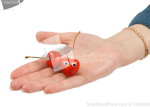 Image of Two sweet cherries on palm