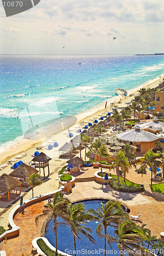 Image of A detailed view of the ocean and beach activities from the Ritz-Carlton Resort in Cancun, Mexico. (14MP camera)