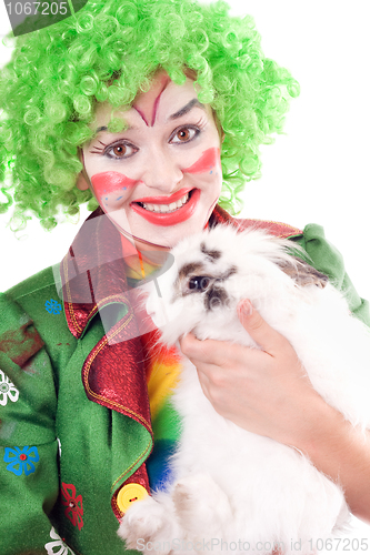 Image of Female clown with a white rabbit