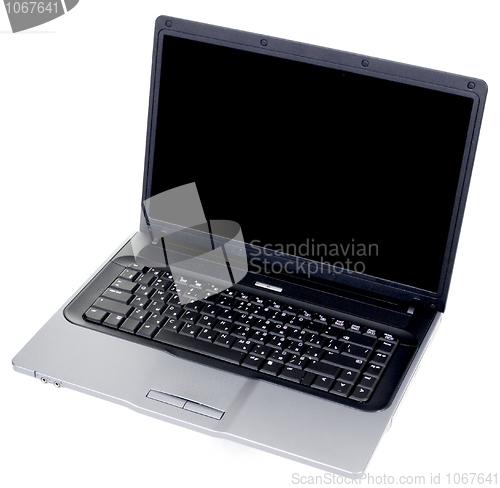 Image of The black laptop with the Russian keyboard