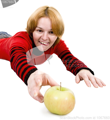 Image of Woman giving a hand to apple