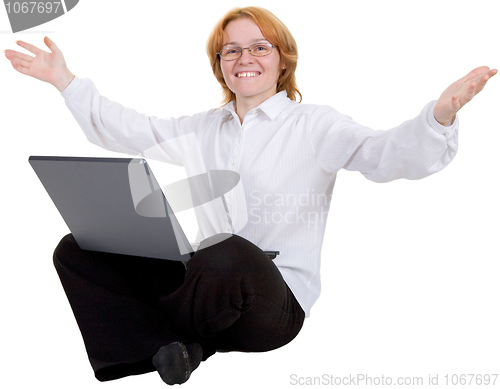 Image of Woman sitting with the laptop on white