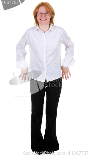 Image of Confused woman standing on a white background