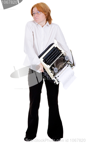 Image of Woman with a typewriter on hands