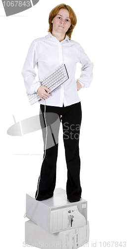 Image of Girl standing on two computers