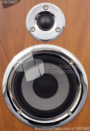 Image of Speakers on a wooden surface