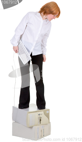 Image of Girl standing on two computers