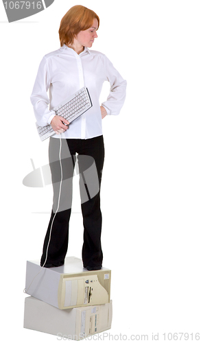 Image of Girl standing on two computers