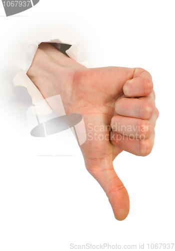 Image of Gesture male hand through white paper