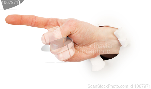 Image of Gesture male hand through white paper 