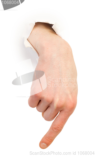 Image of Gesture male hand through white paper 