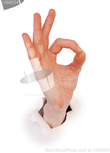 Image of Gesture male hand through white paper