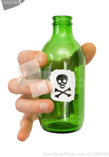 Image of Male hand with green bottle pictured skull and crossbones