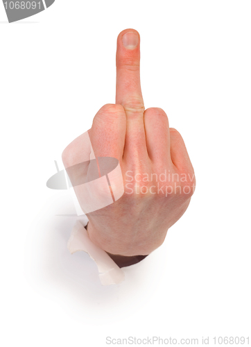 Image of Gesture male hand through white paper
