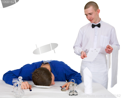 Image of Waiter and drunk guest of restaurant