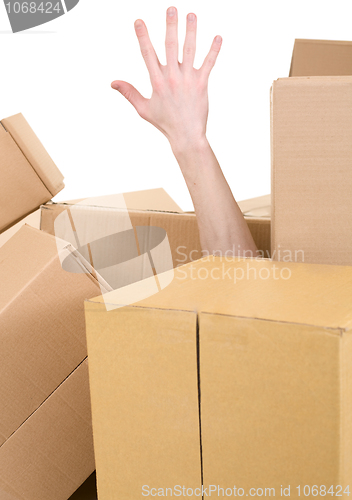 Image of Hand protruding from pile box