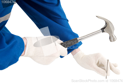 Image of Male hand with hammer and nail