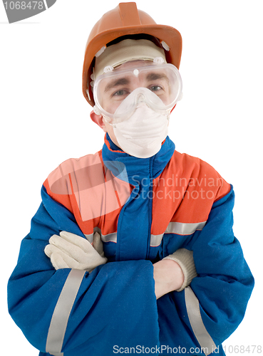 Image of Laborer on the helmet and respirator