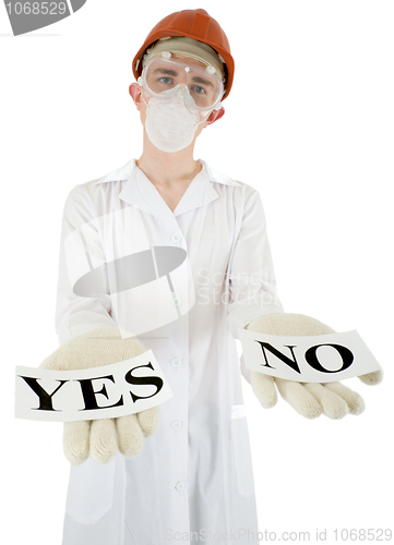 Image of Scientist with posters yes and no