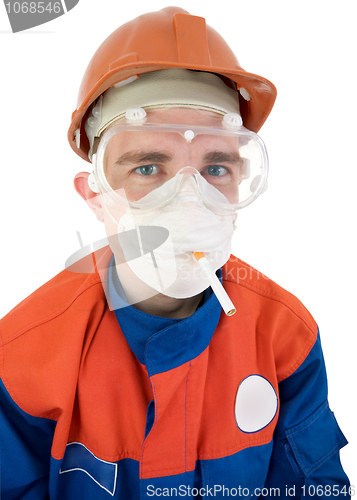 Image of Laborer on the helmet with cigarette