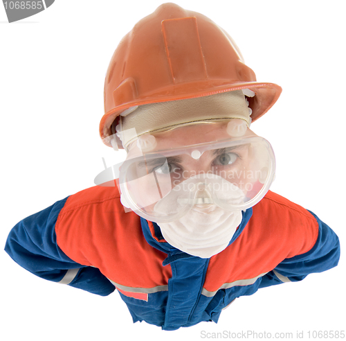Image of Laborer on the helmet and respirator 
