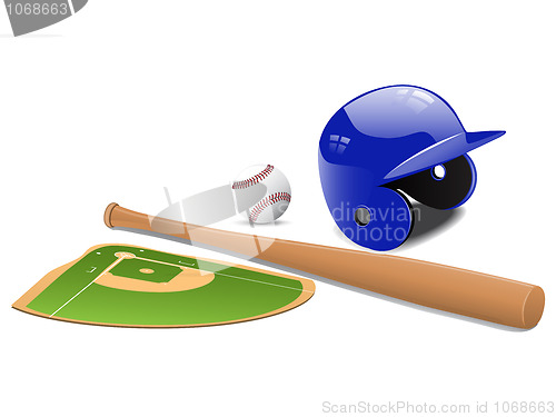 Image of Baseball field, ball and accessories