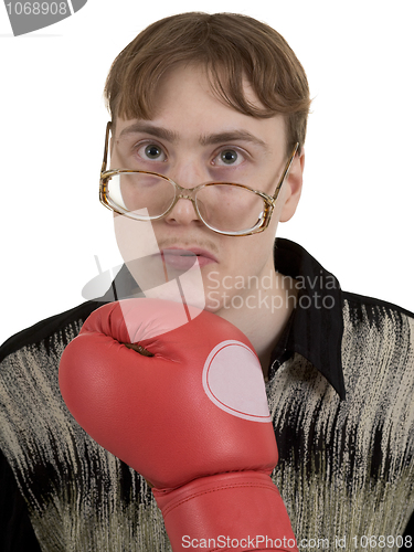 Image of Man in spactacles taking a punch