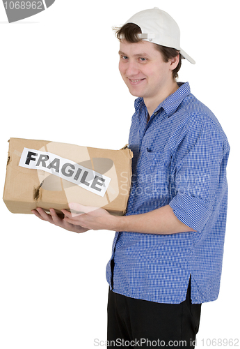 Image of Man holded cardboard box with inscription "fragile"