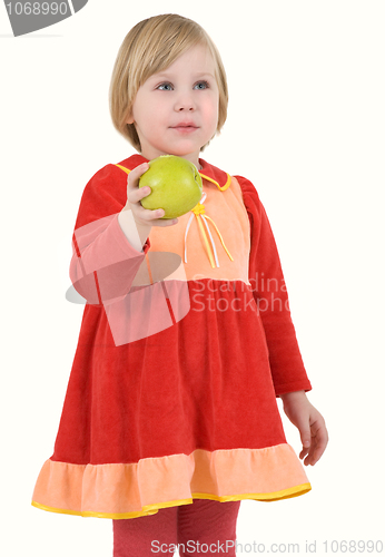 Image of Girl in the red dress with apple